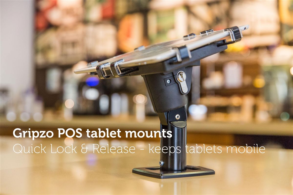 Gripzo, tablet holder, tablet security, restaurant tablet, public space tablet holder, black, white